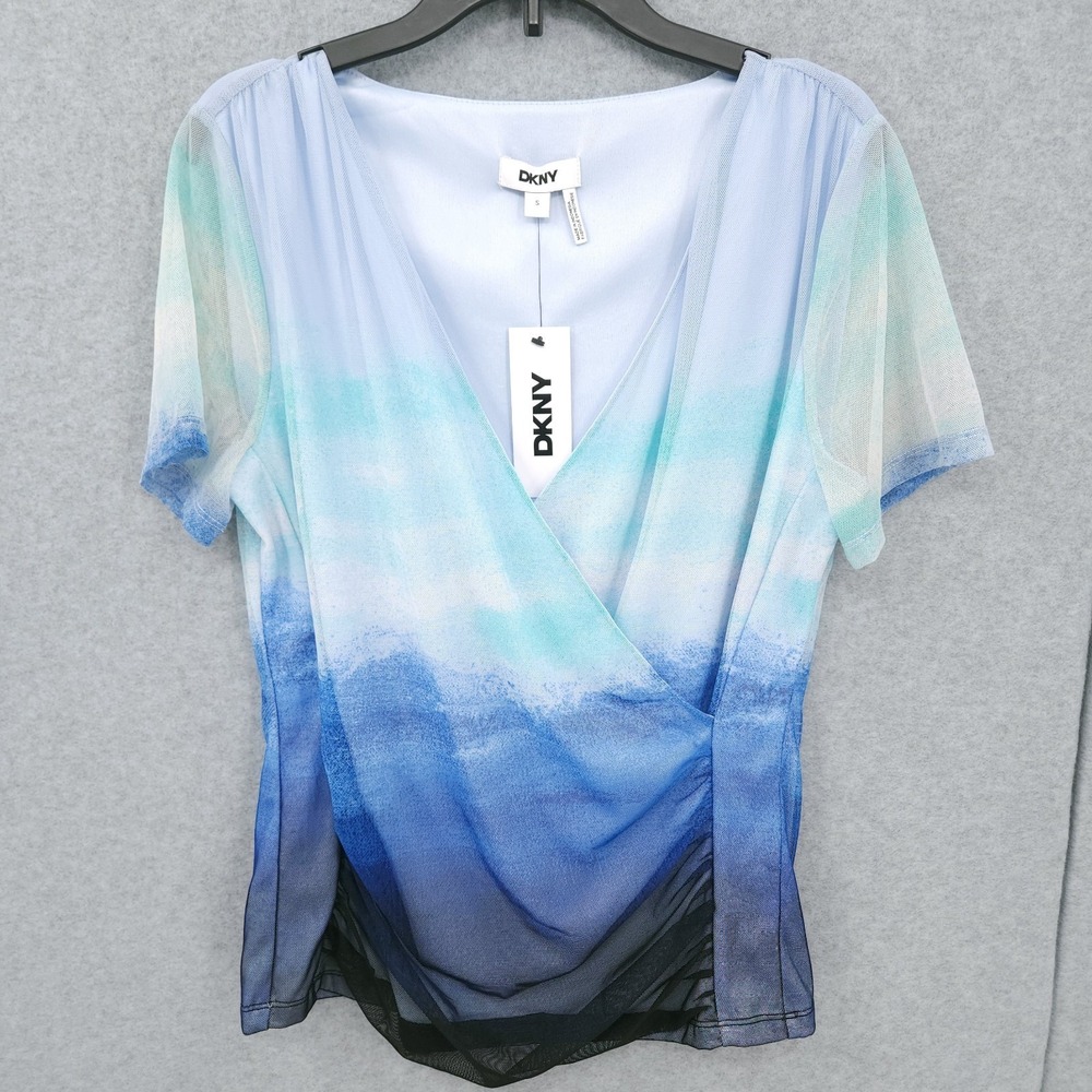 DKNY Ombre Colorblock Seafoam Mesh Surplice Neck Pullover Top Womens Size S NWT